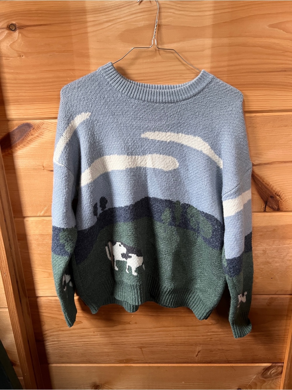 Aelfric Eden Pastel Blue & Forest Green Cow Scenic Crewneck Sweater